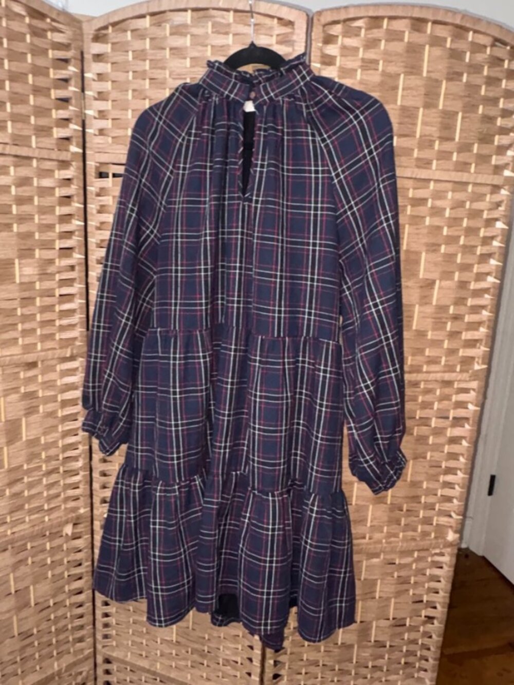 Crosby by Mollie Burch Keyhole Ruffle Tiered Plaid Tartan Dress Red Navy L